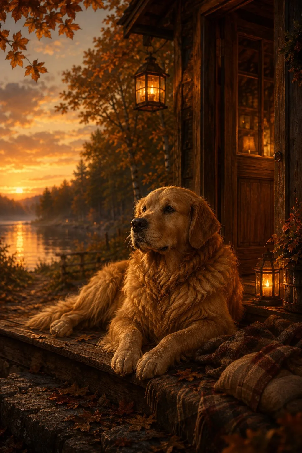 Archie - golden retriever by the lakeside cabin at dusk