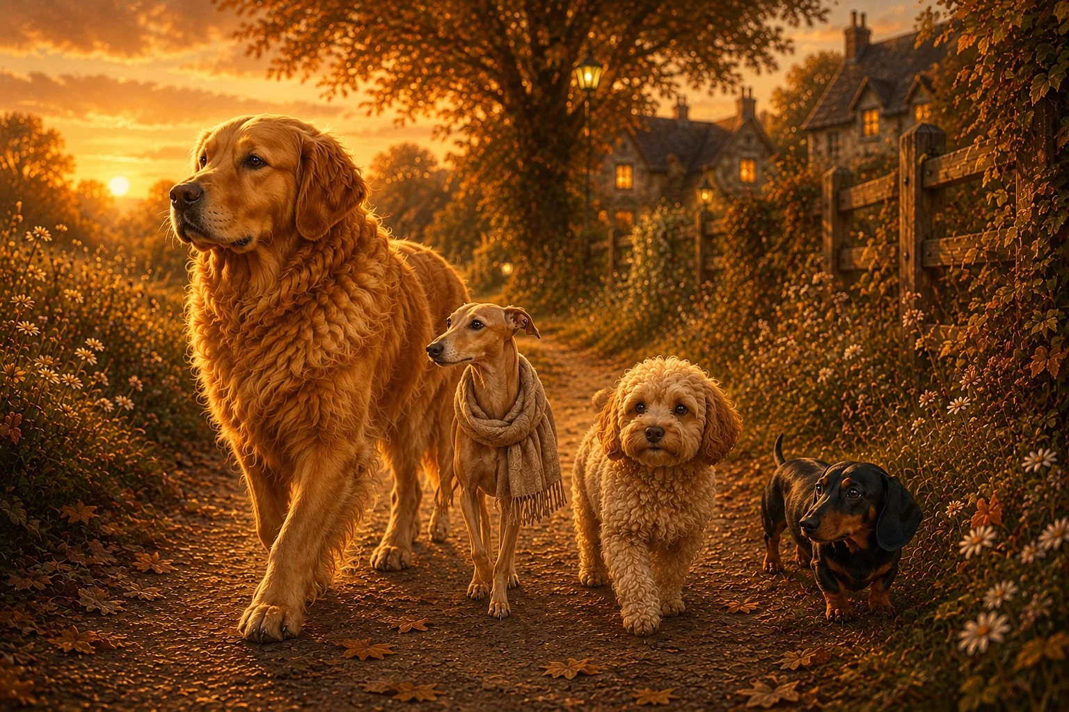 Archie, Pearl, Teddy and Mabel walking down a golden country lane at dusk