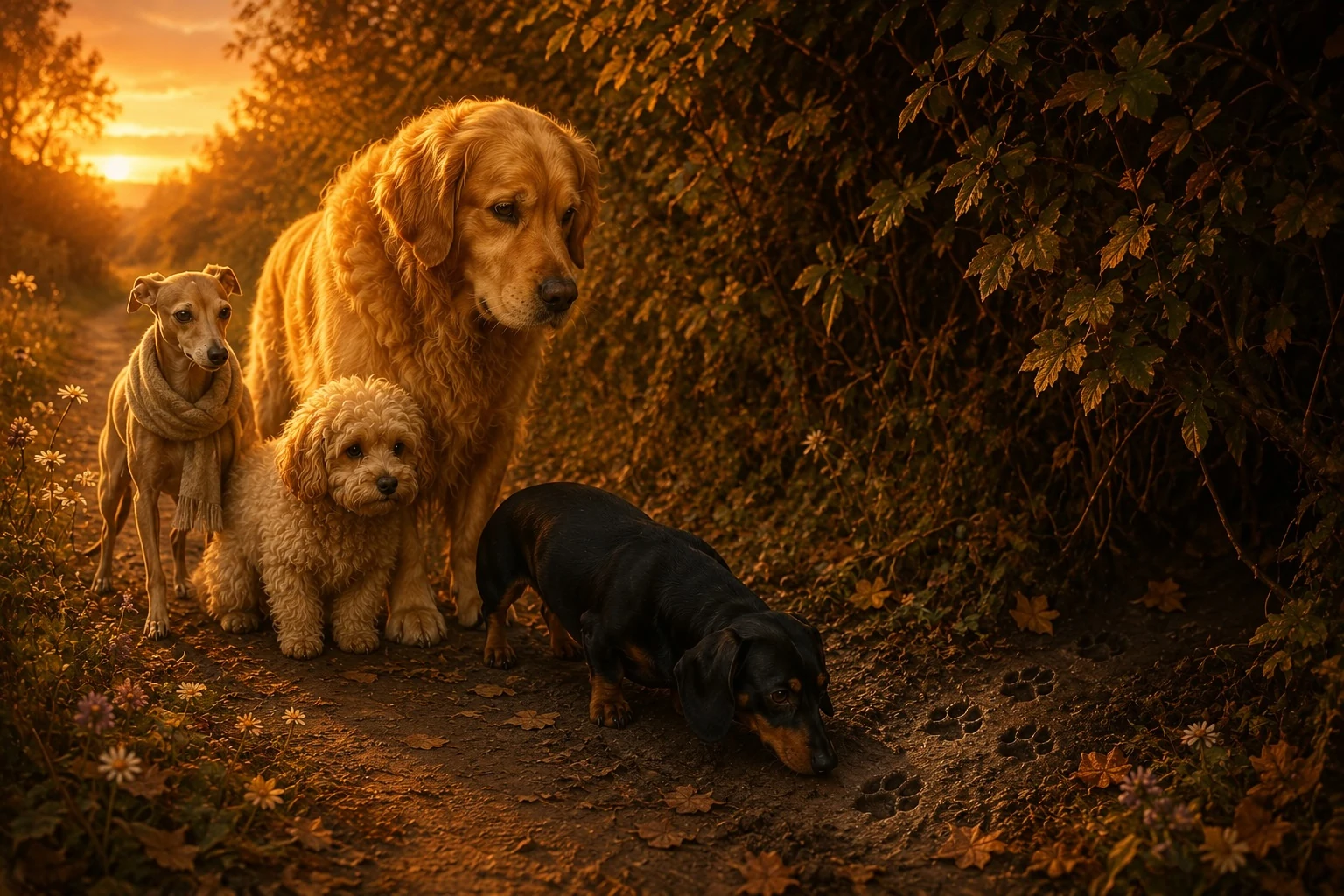 Mabel crouched beside mysterious paw prints beneath the hedgerow while the others gather quietly behind her