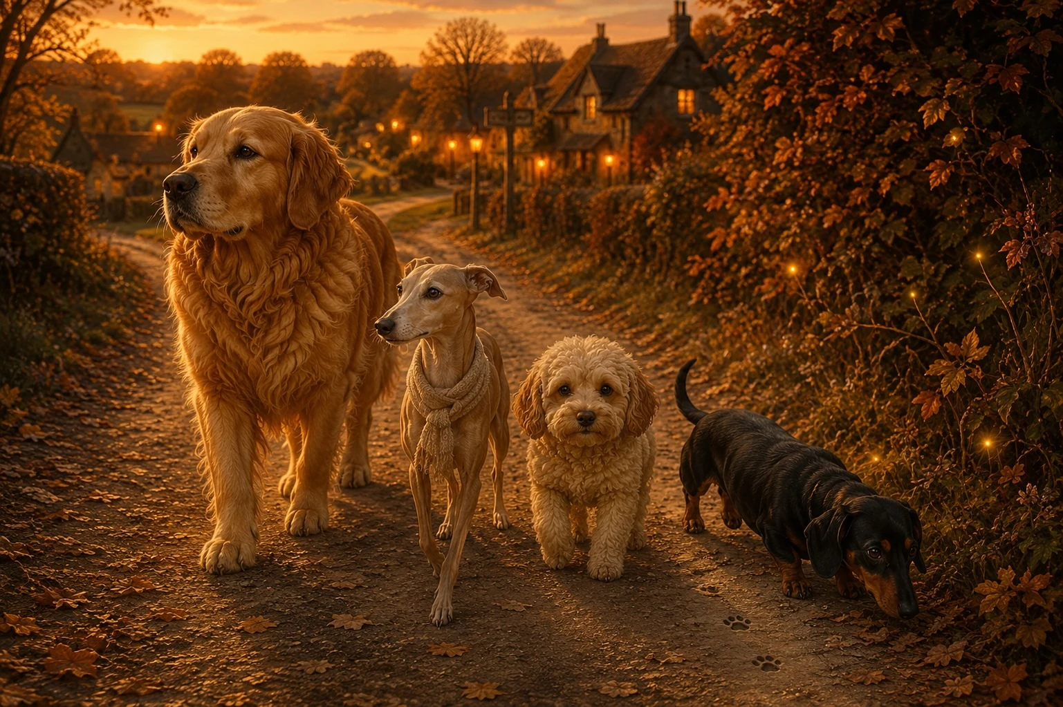 The four dogs returning to the old lane at dusk, Teddy carrying his stone while Mabel watches the hedgerow ahead