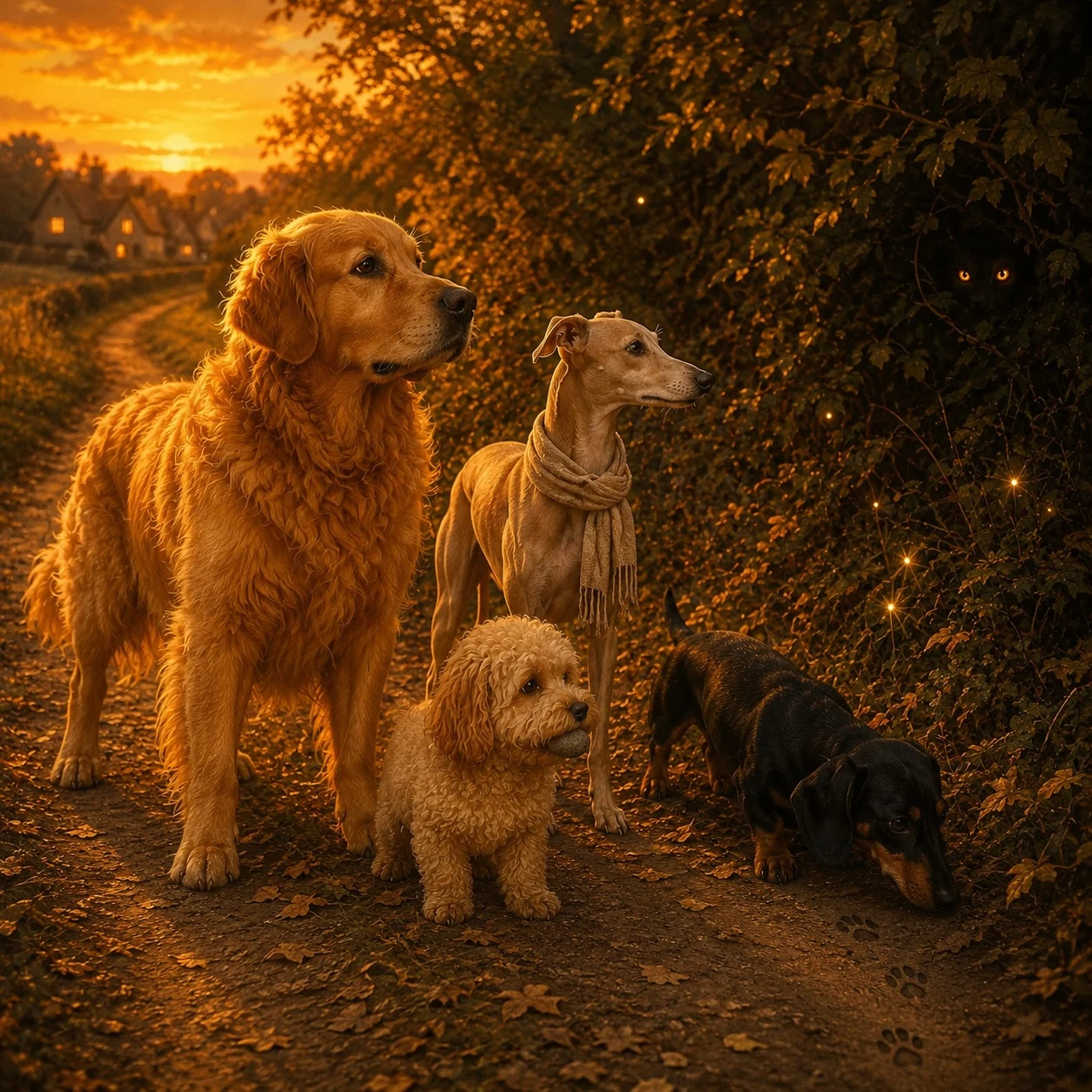 The four dogs gathered beside the hedgerow at dusk as a tiny hidden creature watches from deep within the leaves