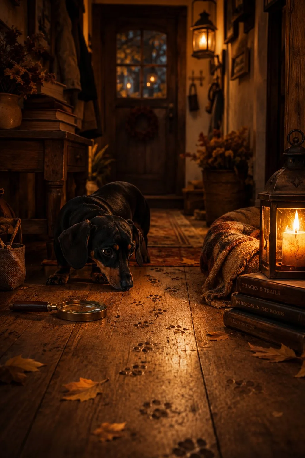 Mabel - dachshund investigating pawprints by lantern light