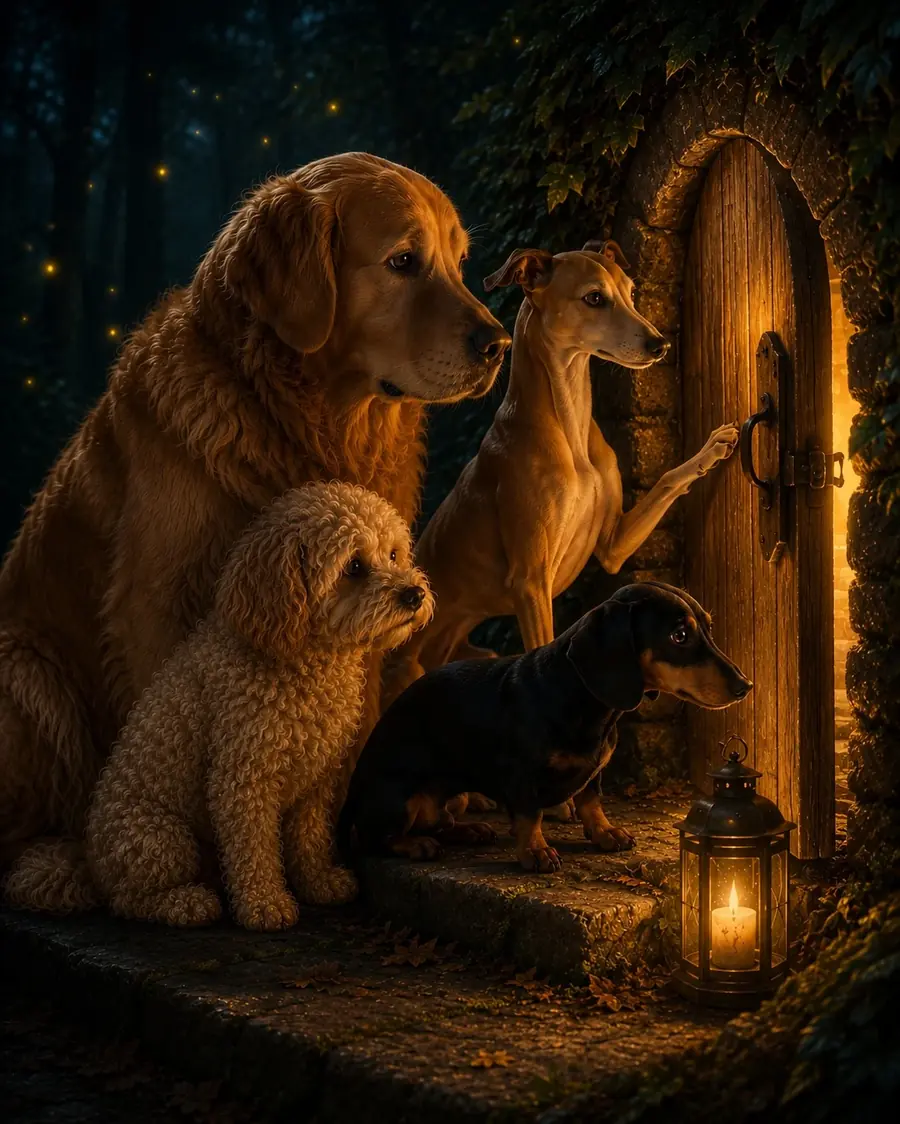 The four dogs gathered outside a secret moonlit door in the woodland