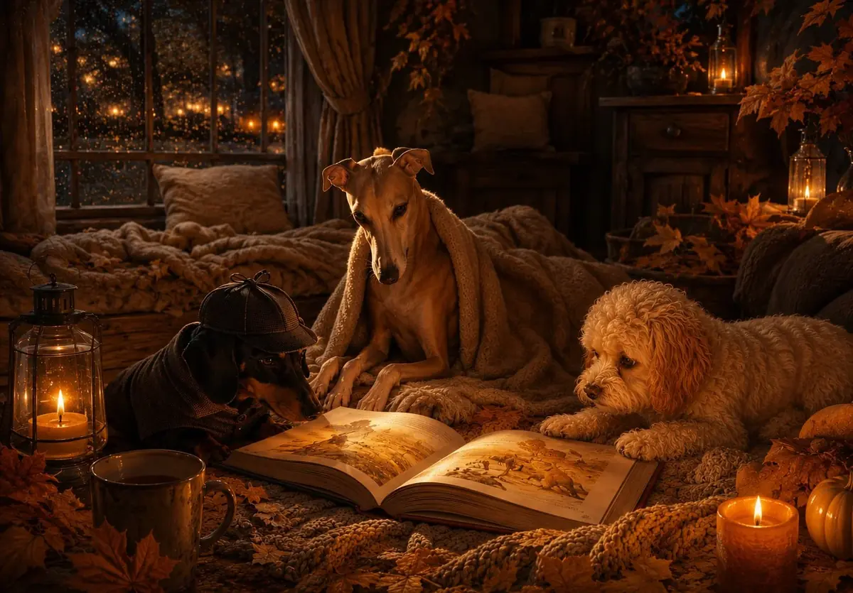 Dogs gathered around a glowing storybook by candlelight