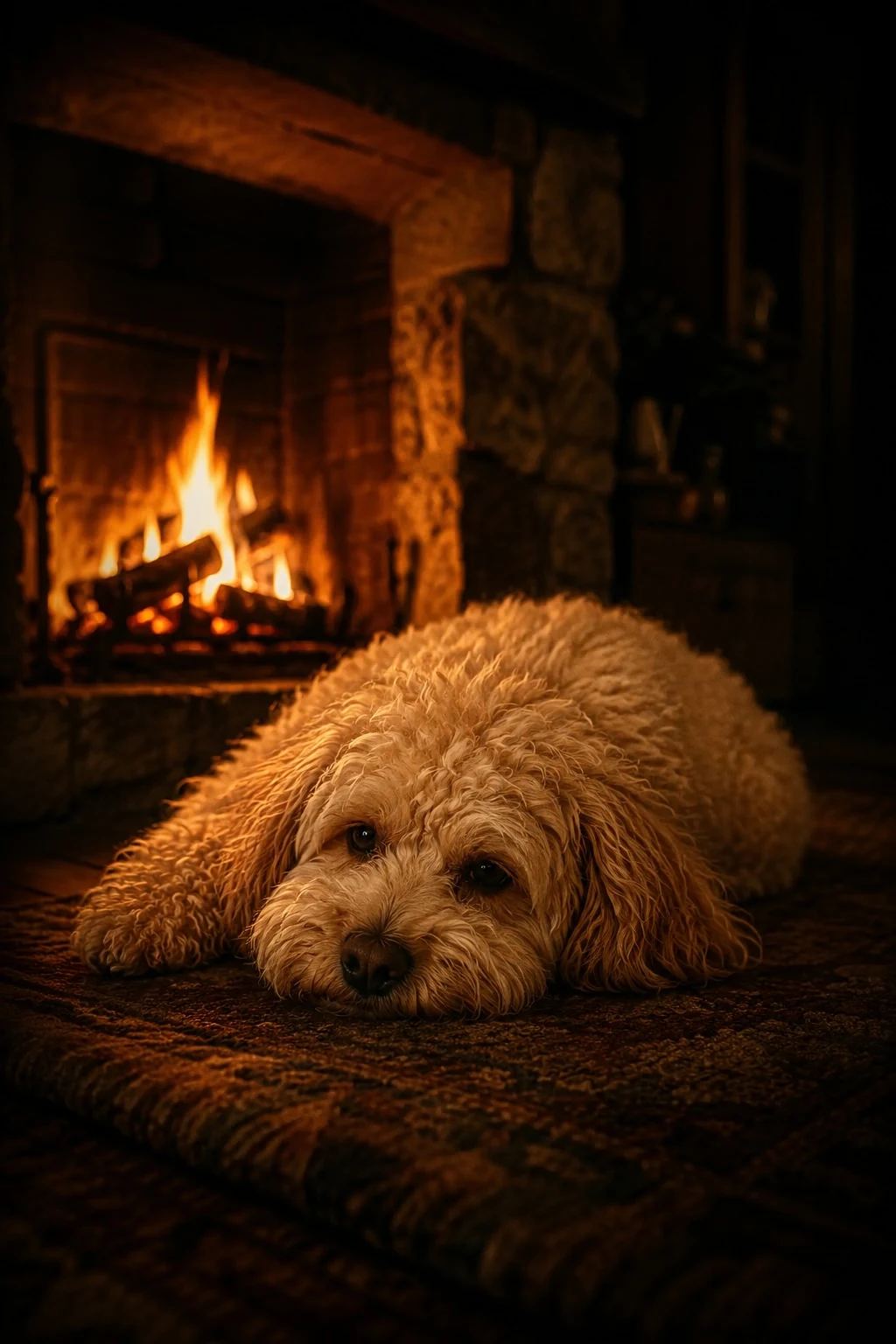 Teddy - lying by the fireplace in a cosy dark cottage